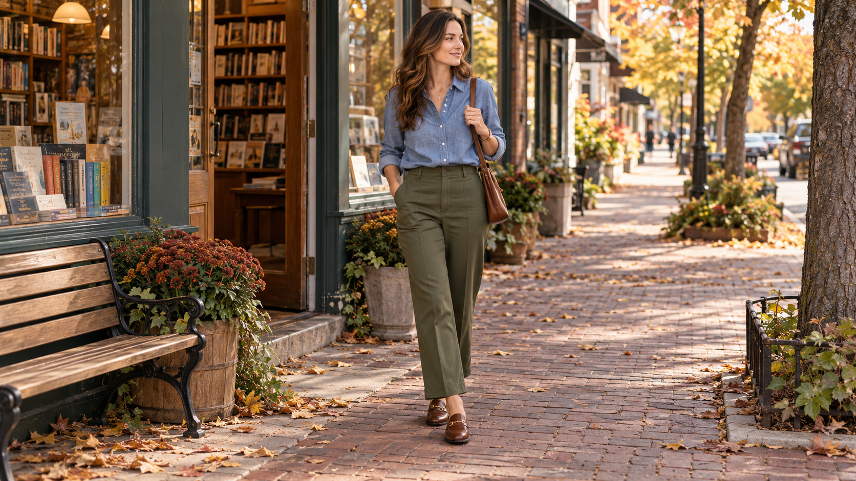 Chambray Shirt with Olive Trousers and Brown Loafers